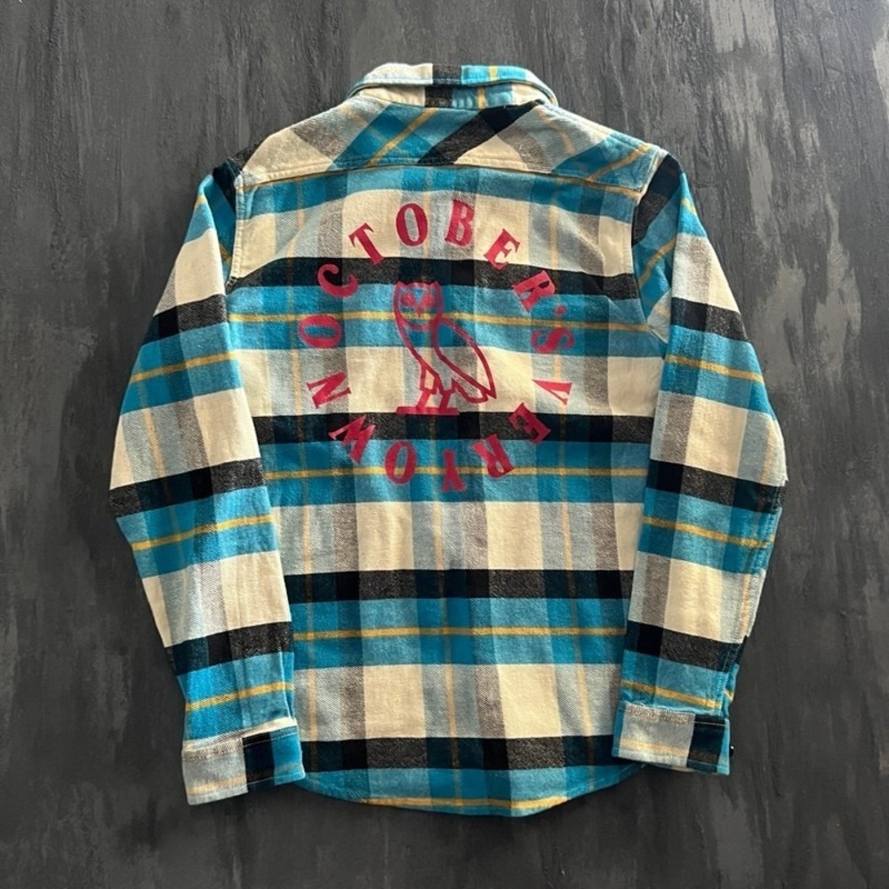 OVO Flannel Shirt Mens Large Blue Long Sleeve Plaid Octobers Very Own
